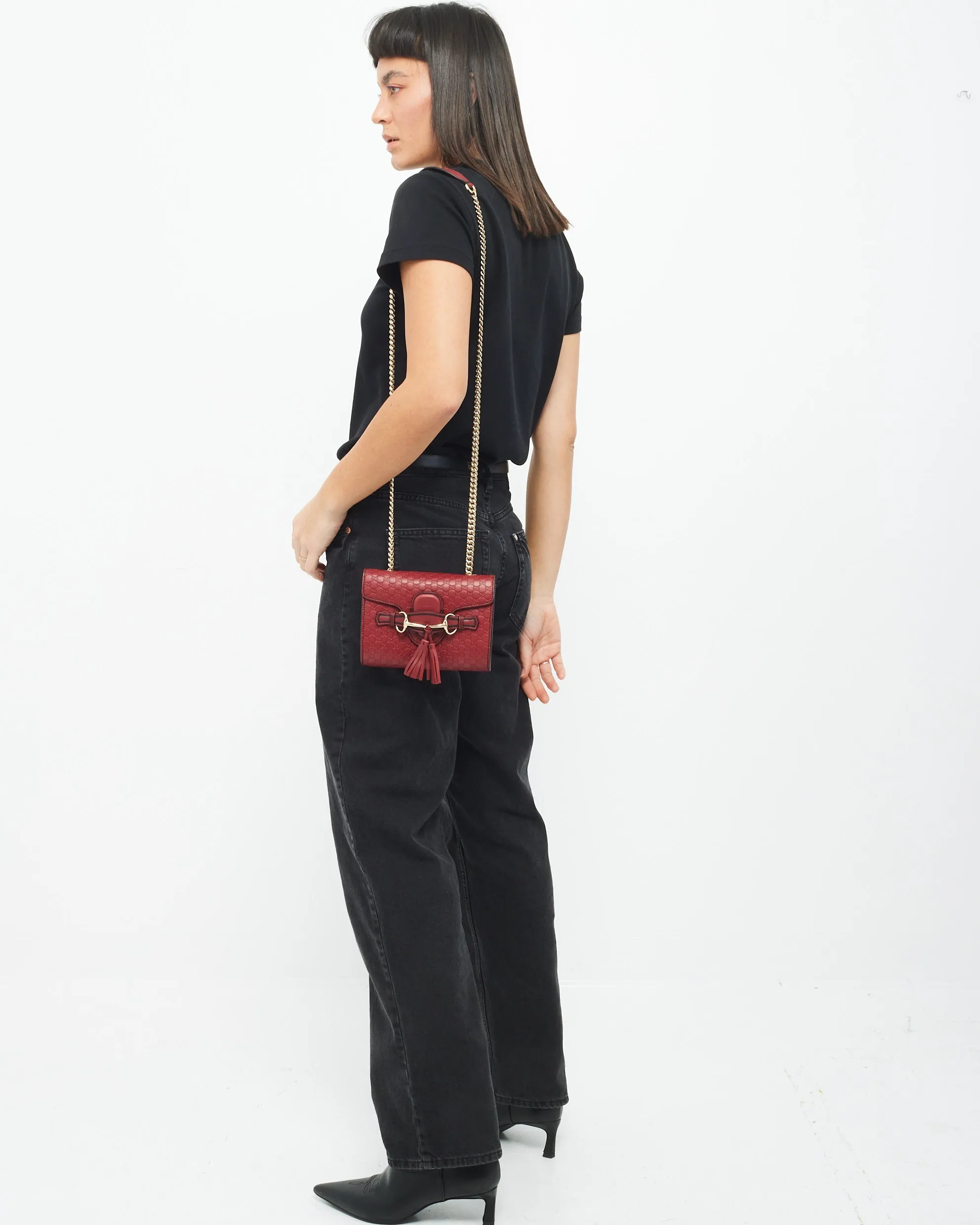Gucci Red Leather Signature Micro Guccissima GG Mini Emily Crossbody Chain Bag