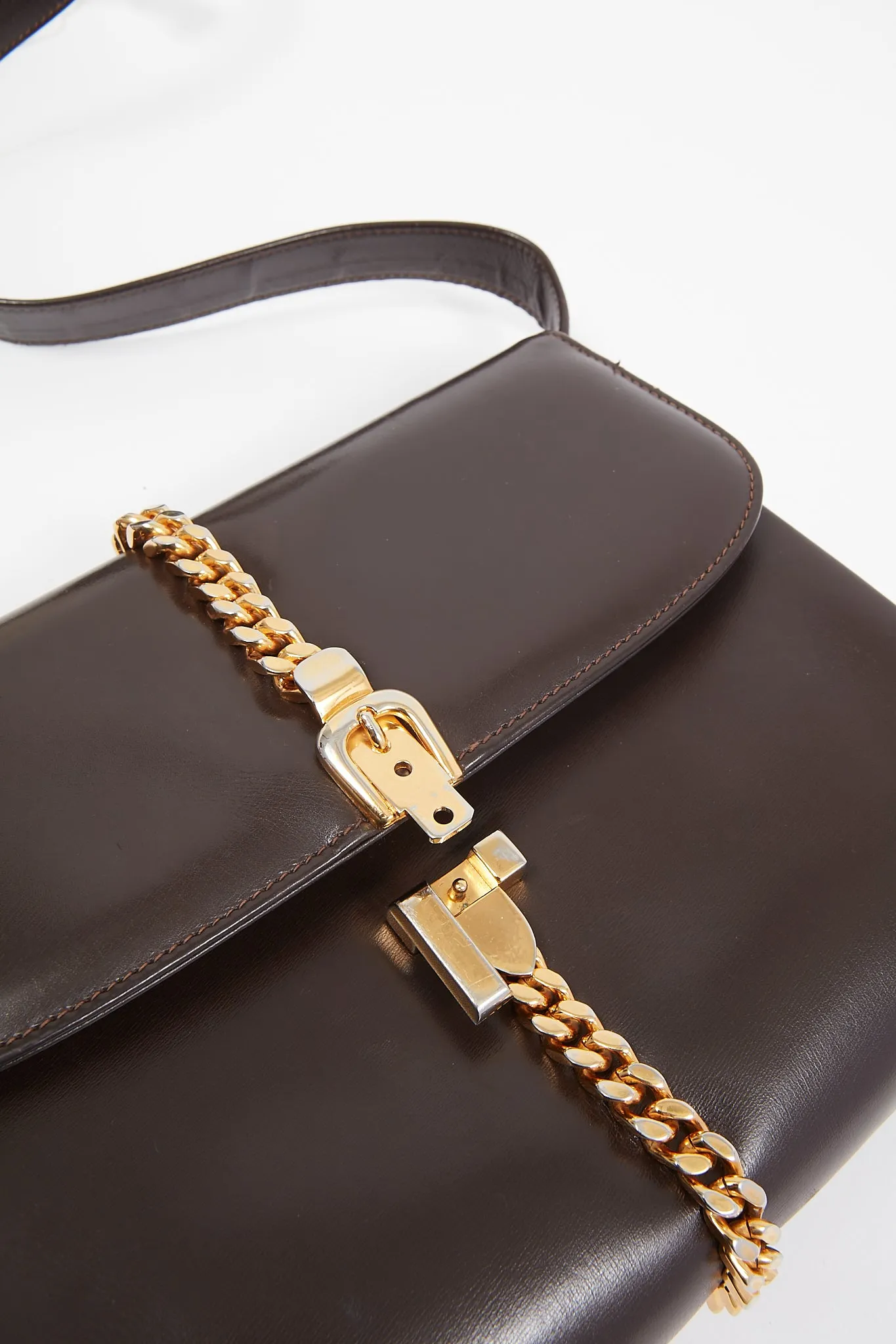 Gucci Vintage Brown Leather Gold Buckle Chain Shoulder Bag