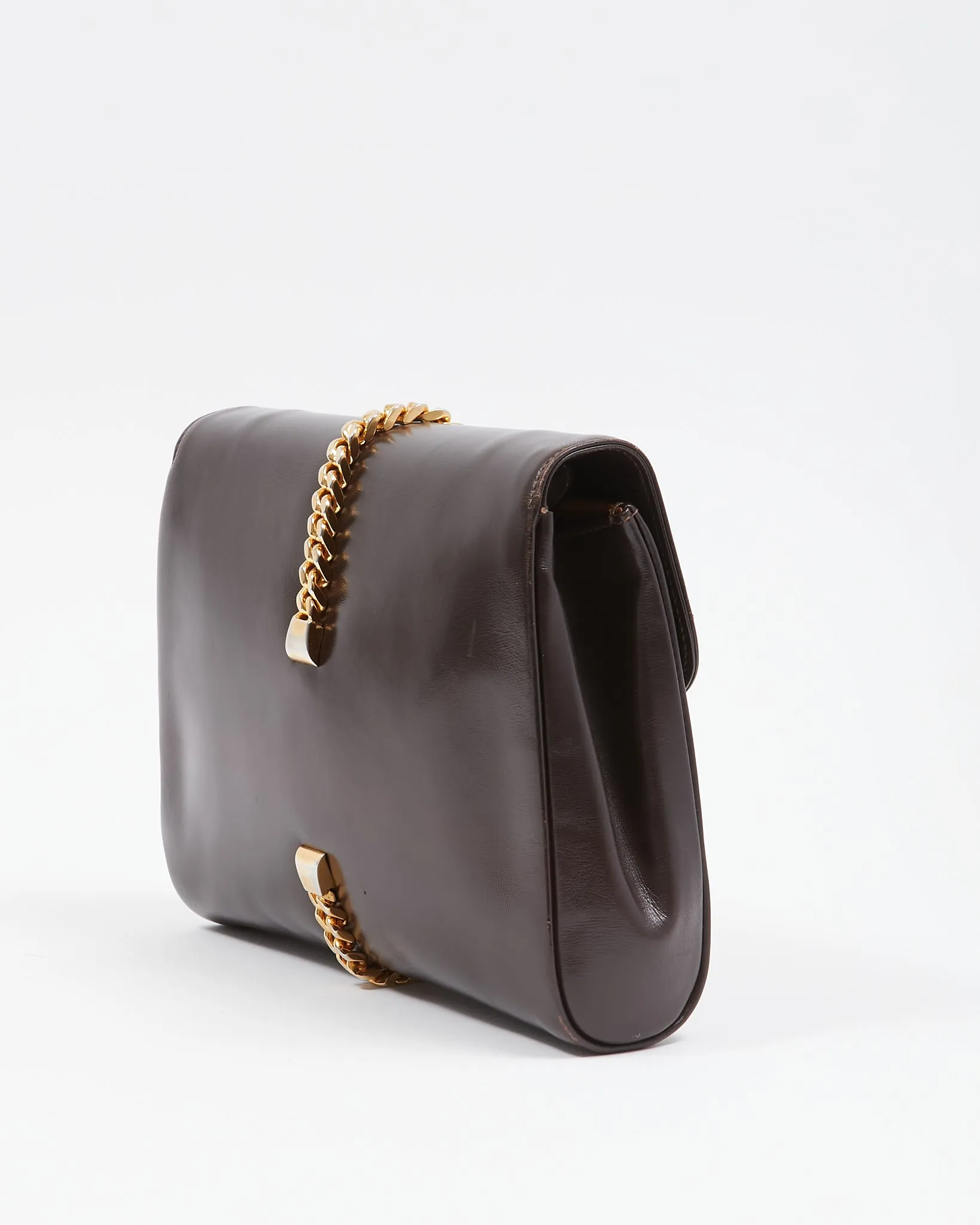 Gucci Vintage Brown Leather Gold Buckle Chain Shoulder Bag