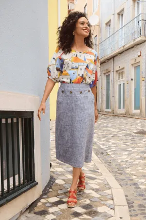 Hepburn Panorama Skirt Navy in Herringbone Linen