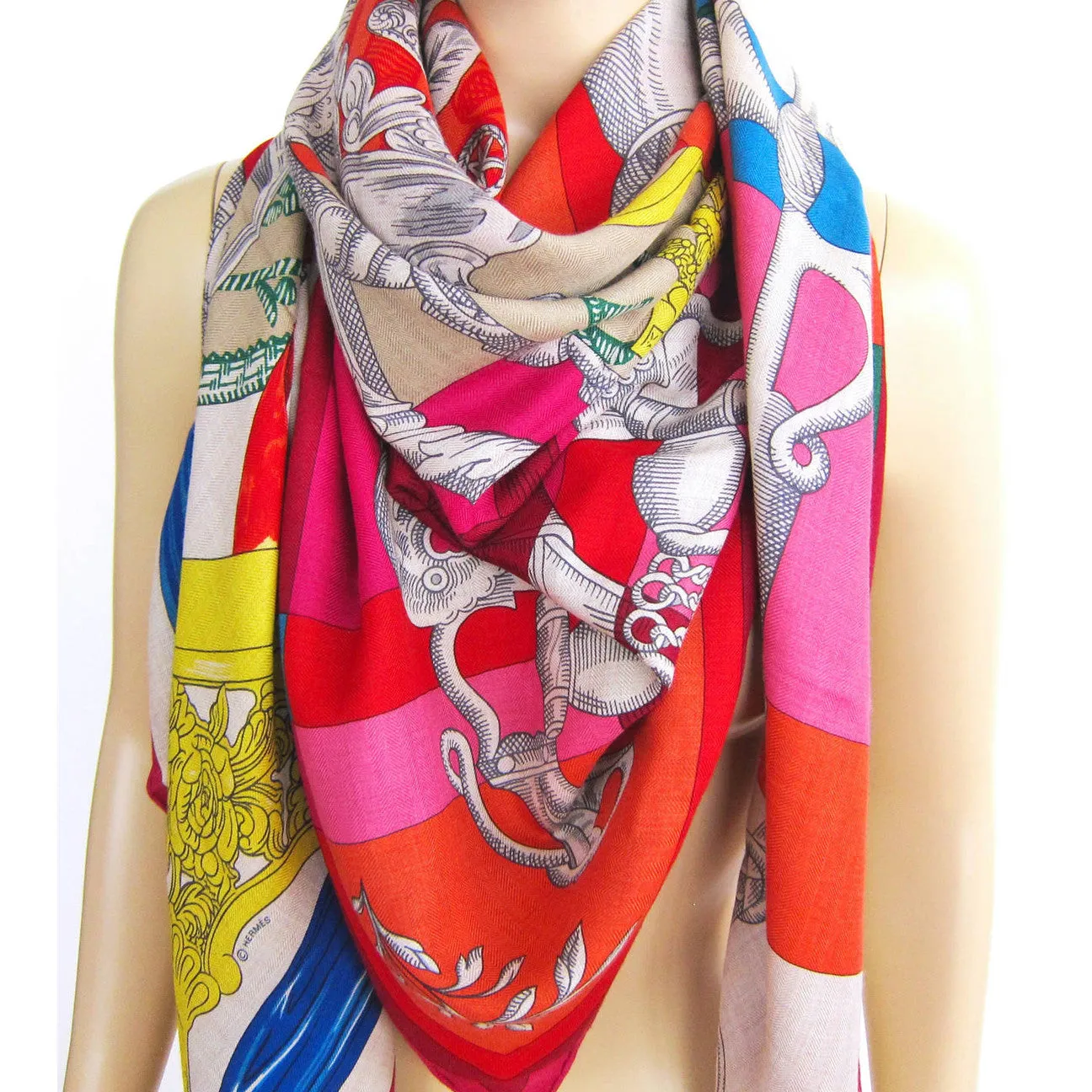 Hermes Cavalleria d'Etriers Oatmeal Cashmere Silk Shawl Scarf