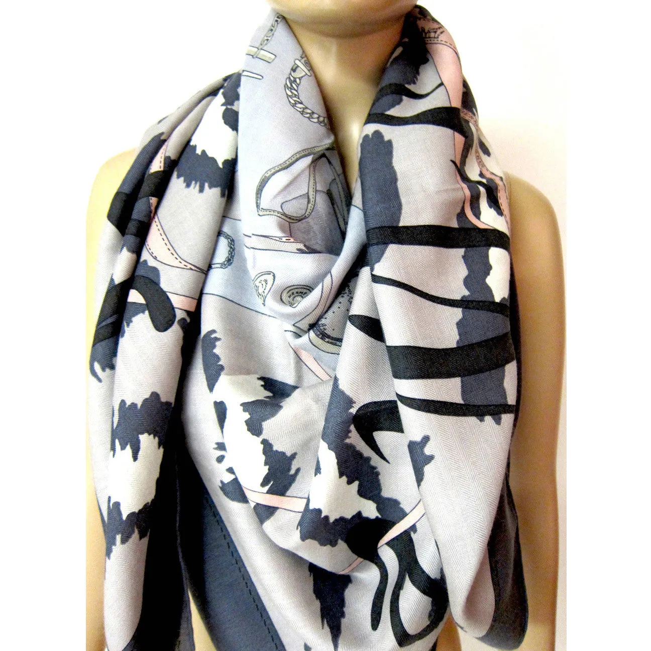 Hermes Monsieur et Madame Cashmere Silk Shawl GM 140cm Grey Pink
