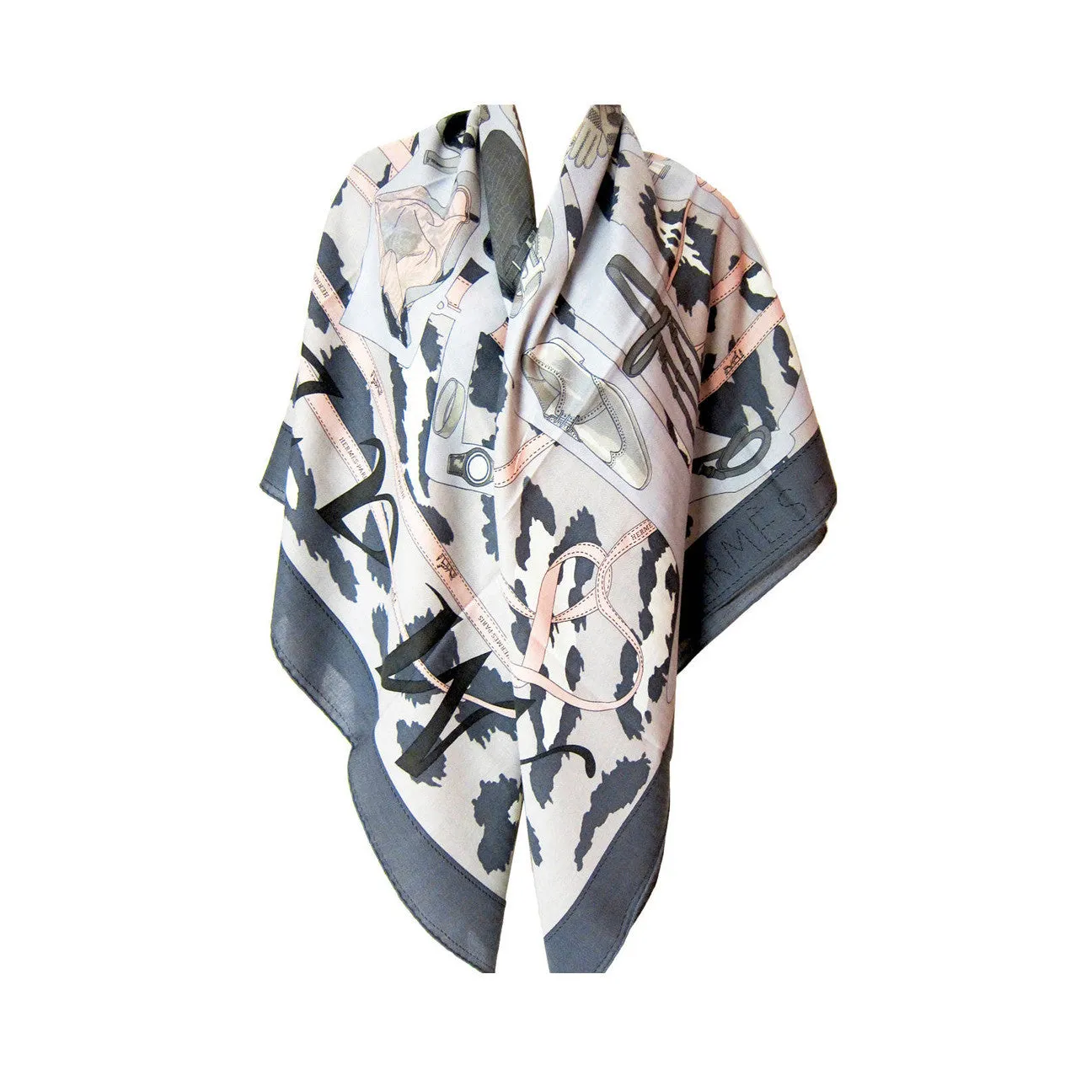 Hermes Monsieur et Madame Cashmere Silk Shawl GM 140cm Grey Pink