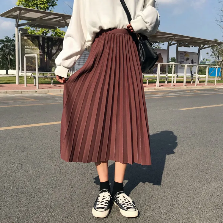 High Elastic Waist Rib Pleated Long Skirt