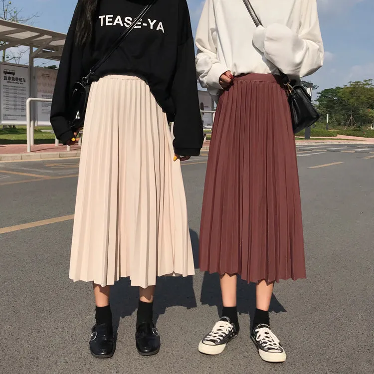 High Elastic Waist Rib Pleated Long Skirt