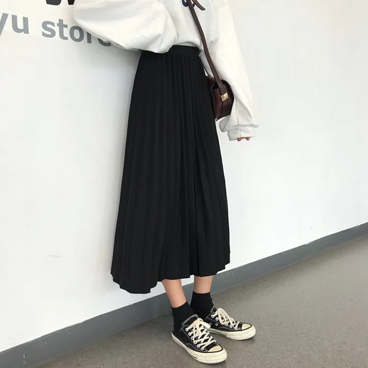 High Elastic Waist Rib Pleated Long Skirt