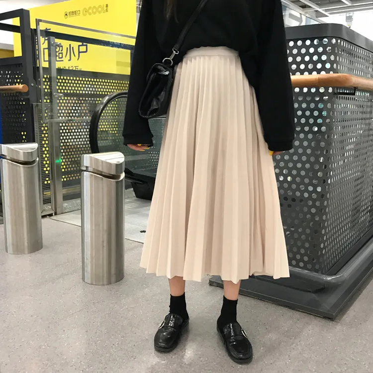 High Elastic Waist Rib Pleated Long Skirt