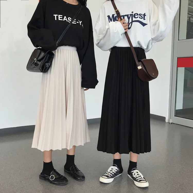 High Elastic Waist Rib Pleated Long Skirt