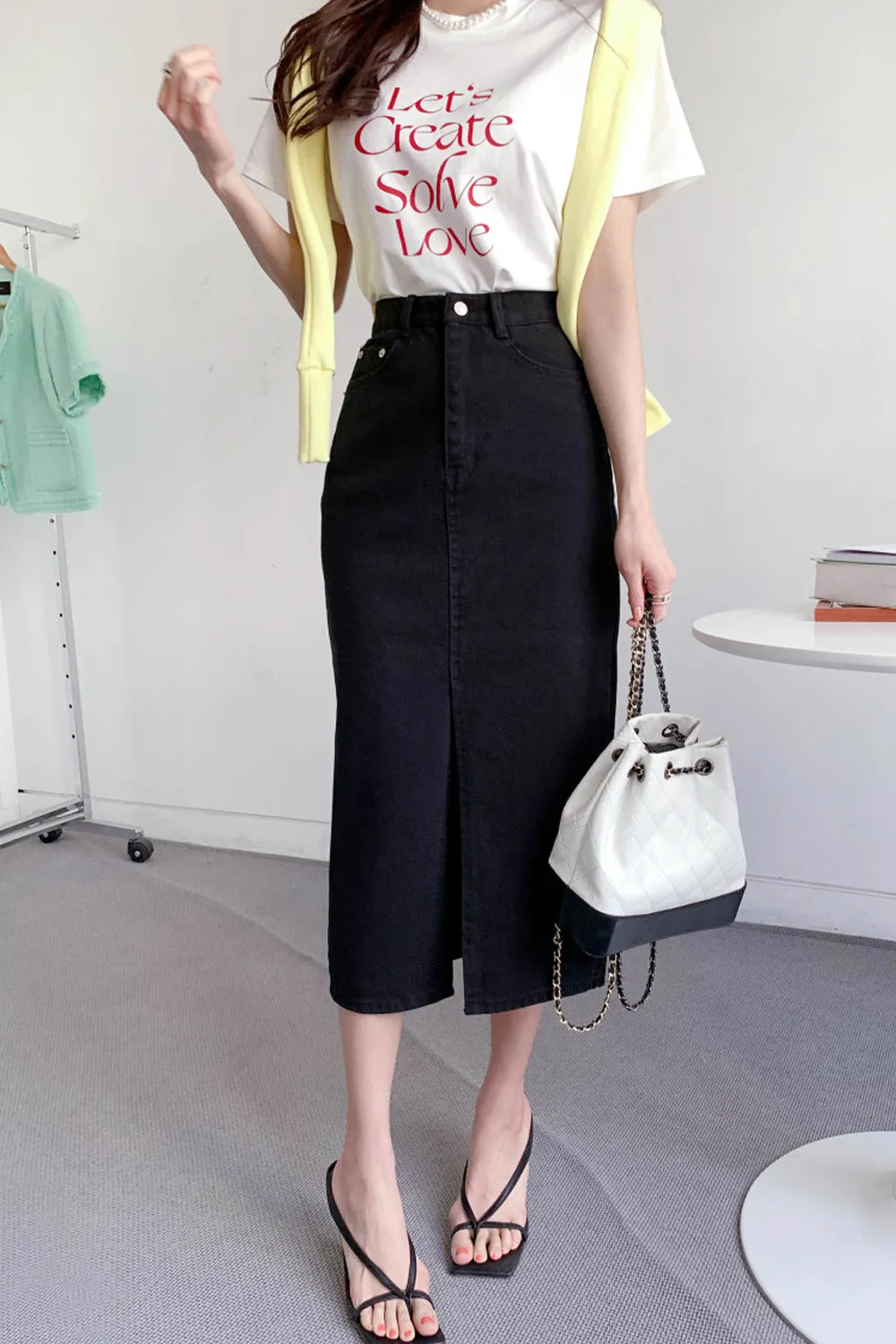 High Waist Front Split Pencil Denim Skirts