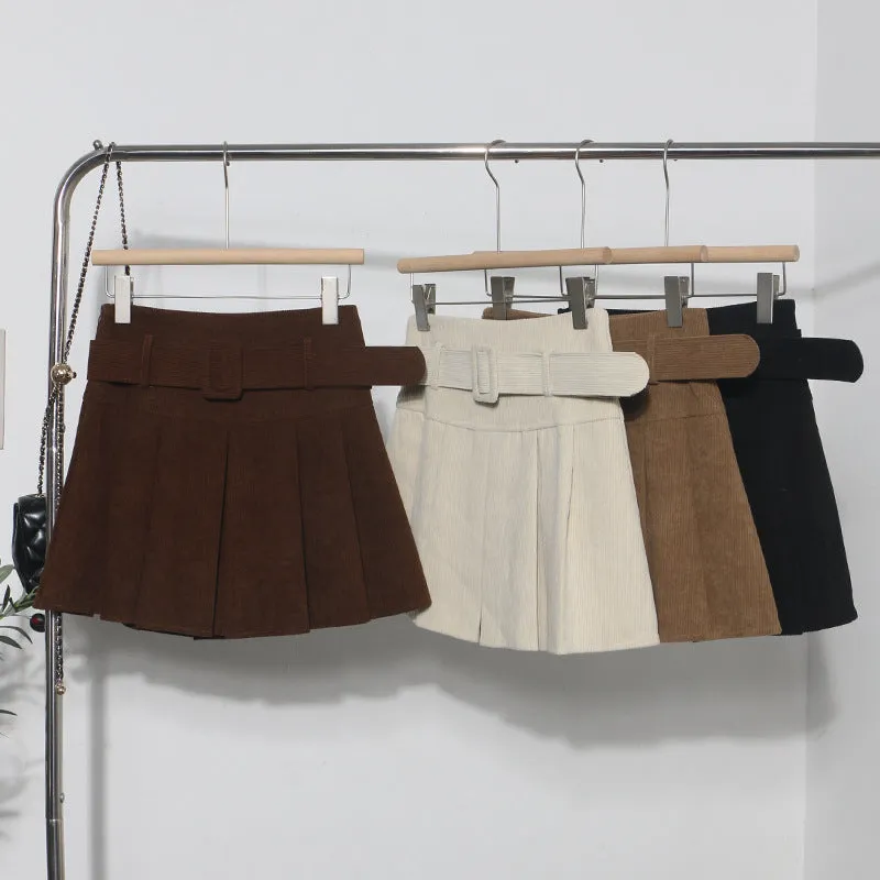 High Waist Pleated Corduroy Short Skirt