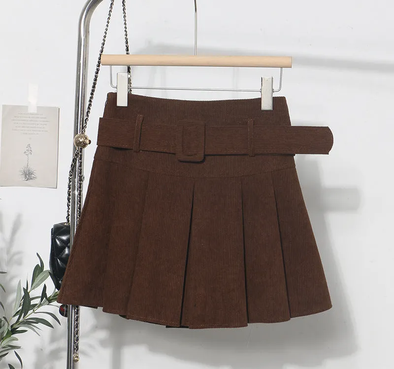 High Waist Pleated Corduroy Short Skirt