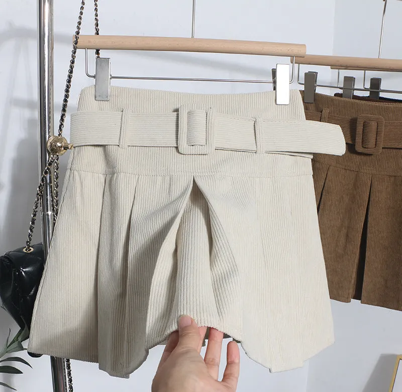 High Waist Pleated Corduroy Short Skirt