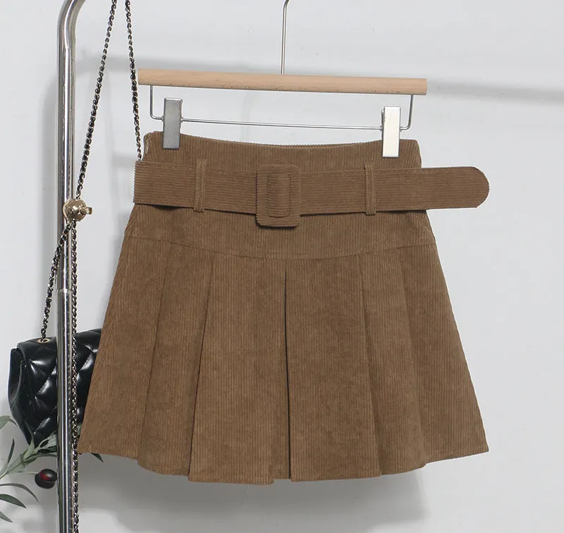 High Waist Pleated Corduroy Short Skirt