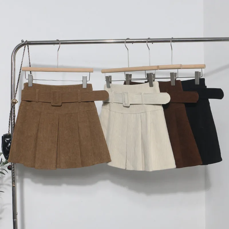 High Waist Pleated Corduroy Short Skirt
