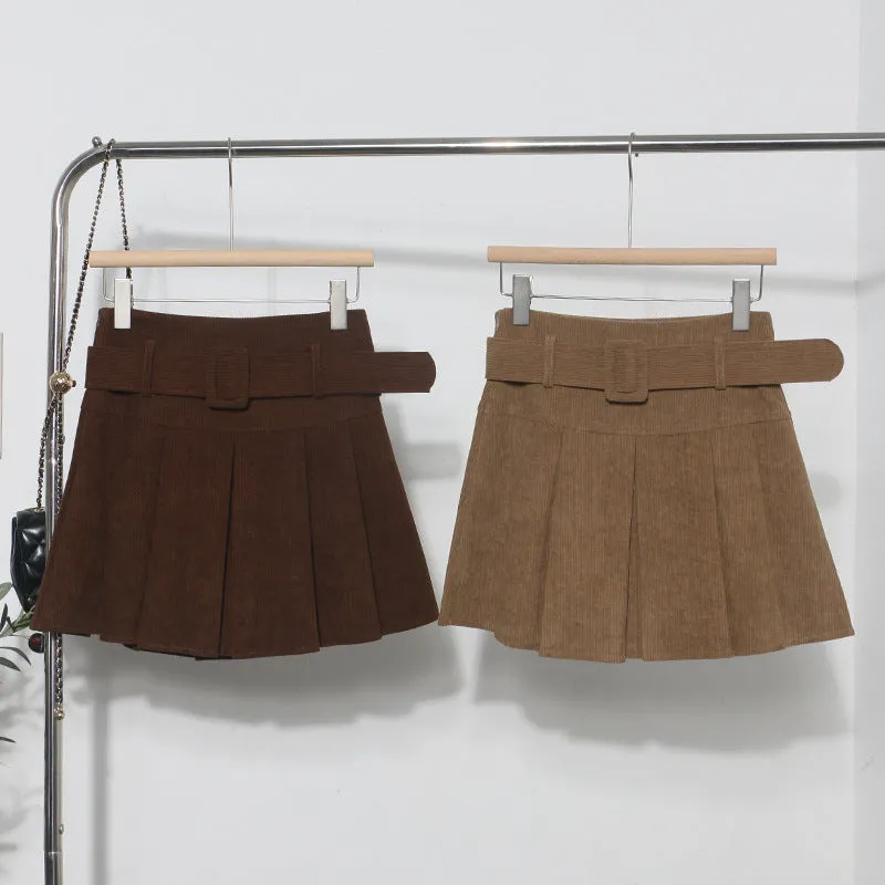 High Waist Pleated Corduroy Short Skirt