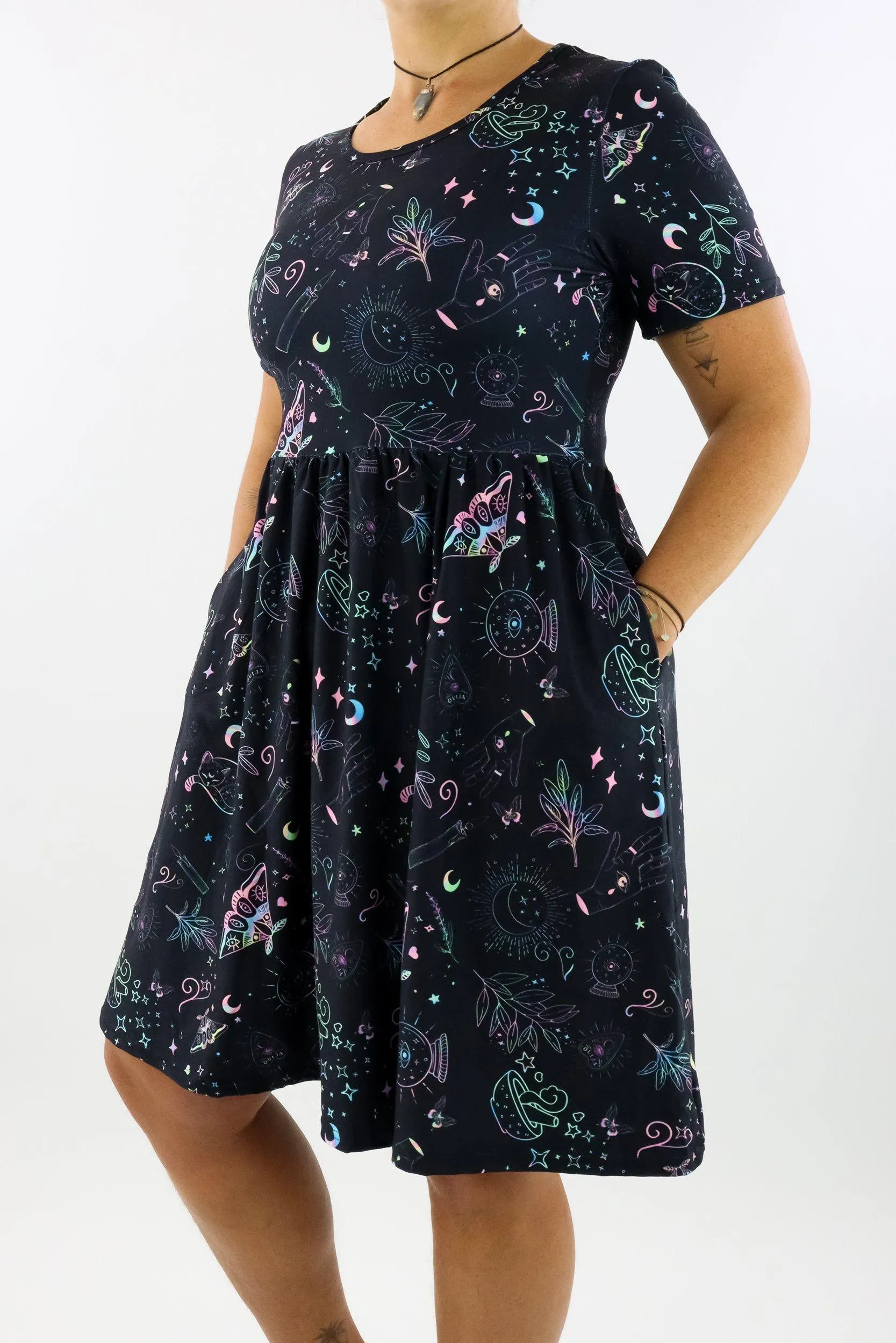 Holographic Witch - Short Sleeve Skater Dress - Knee Length - Side Pockets