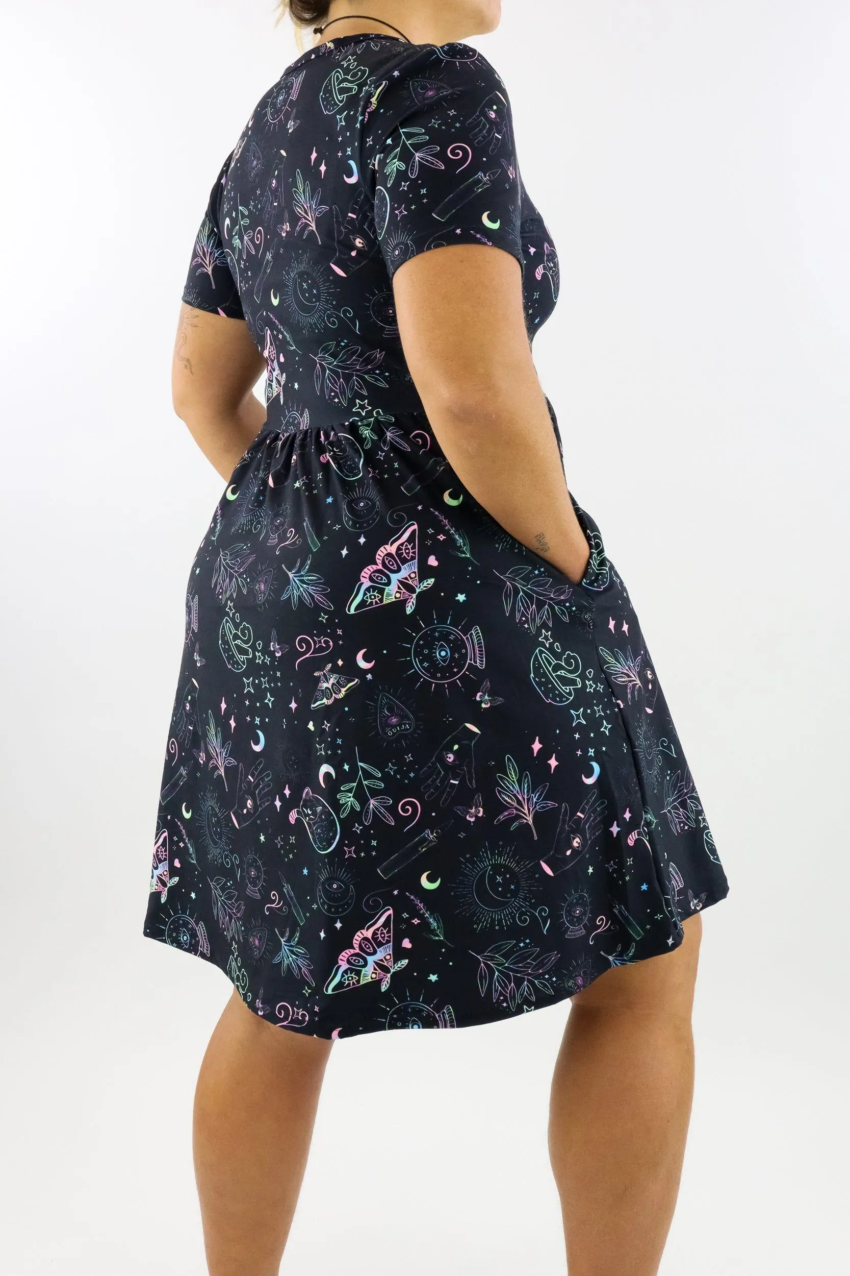 Holographic Witch - Short Sleeve Skater Dress - Knee Length - Side Pockets