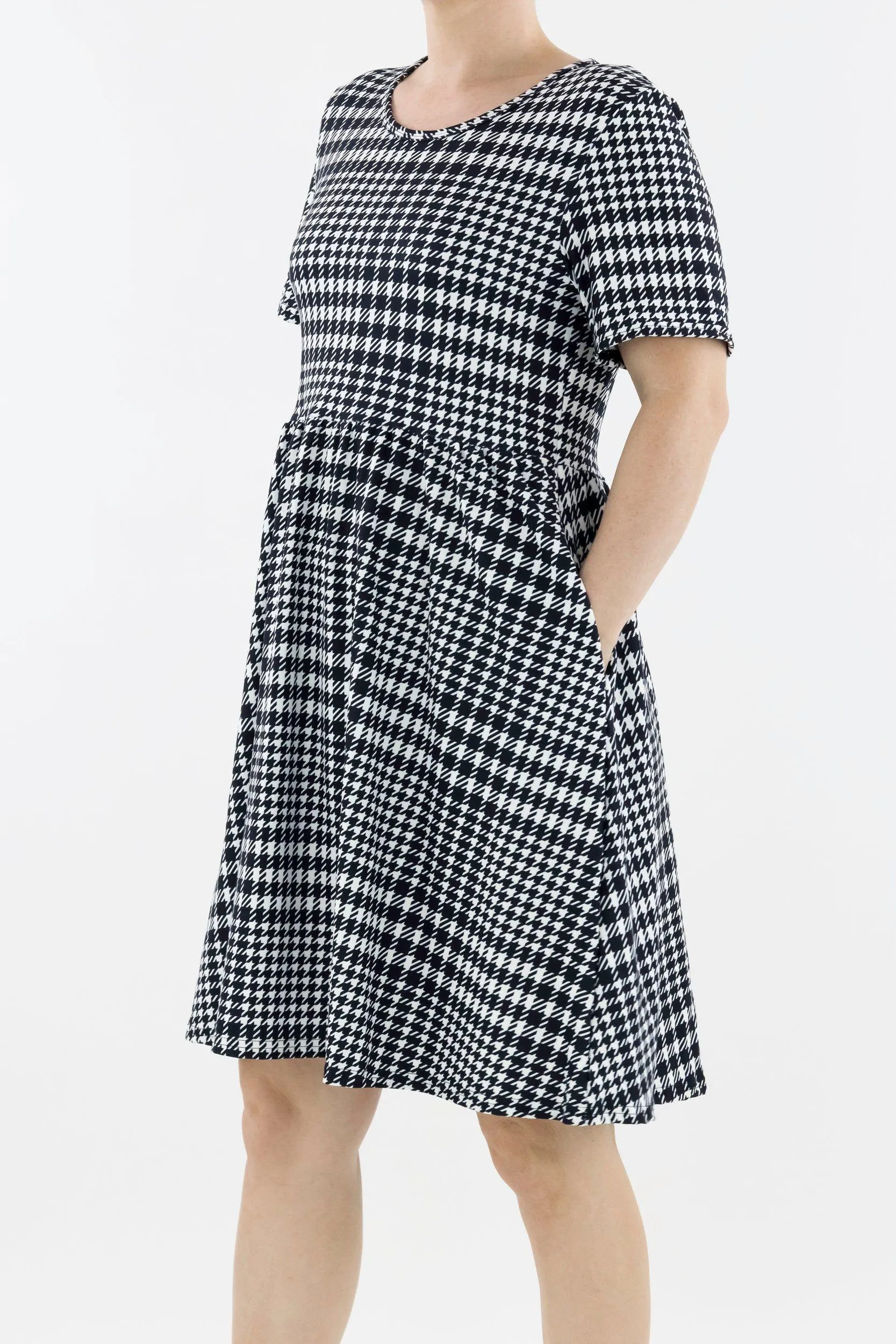 Houndstooth - Short Sleeve Skater Dress - Knee Length - Side Pockets