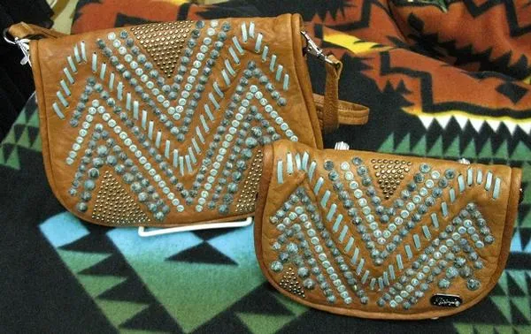 Kippys Western Pouch Belt Crossbody Bag Raw Stitch Pattern Turquoise Crystals L