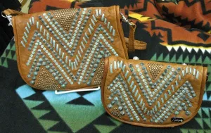 Kippys Western Pouch Belt Crossbody Bag Raw Stitch Pattern Turquoise Crystals L