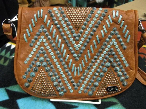 Kippys Western Pouch Belt Crossbody Bag Raw Stitch Pattern Turquoise Crystals L