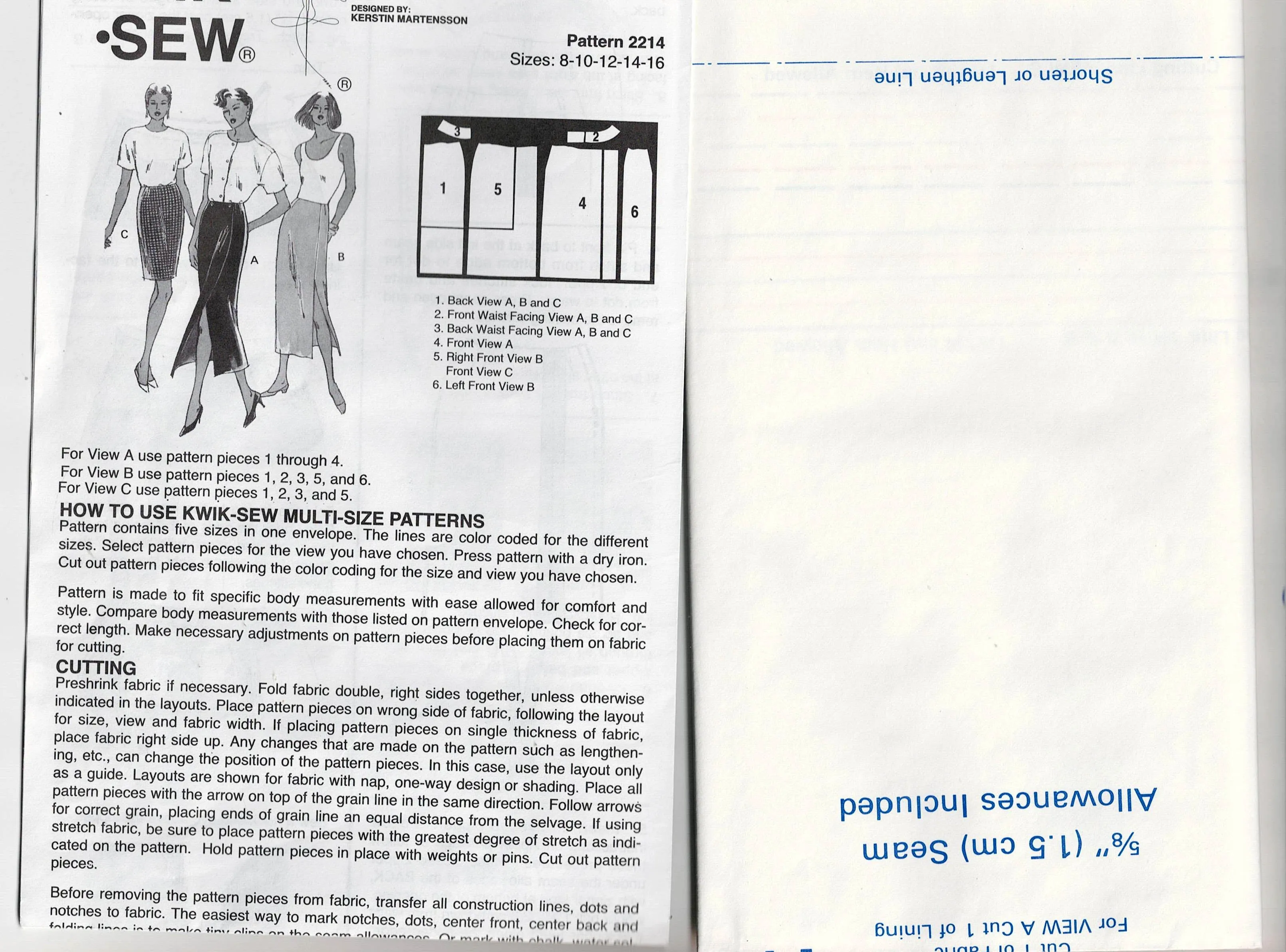 Kwik Sew 2214 Womens EASY Straight & Wrap Skirts 1990s Vintage Sewing Pattern Size 8 - 16 UNCUT Factory Folded