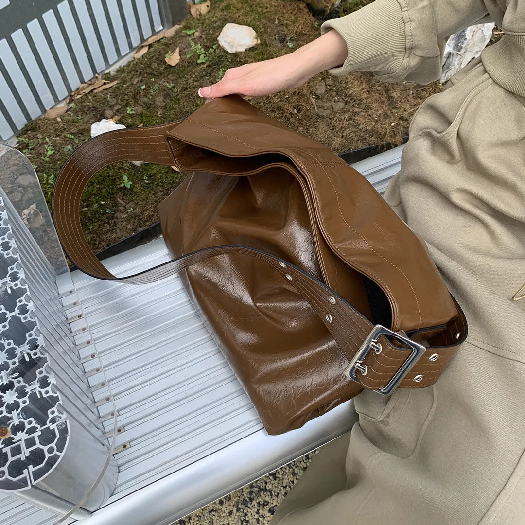 Large Capacity Texture Western Style Wide Strap Shoulder Bags