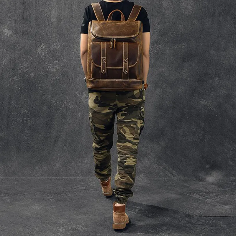 Large Capacity Travel Backpack Crazy Horse Leather Men Backpack Laptop Backpack