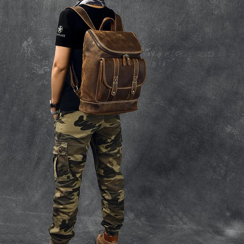 Large Capacity Travel Backpack Crazy Horse Leather Men Backpack Laptop Backpack