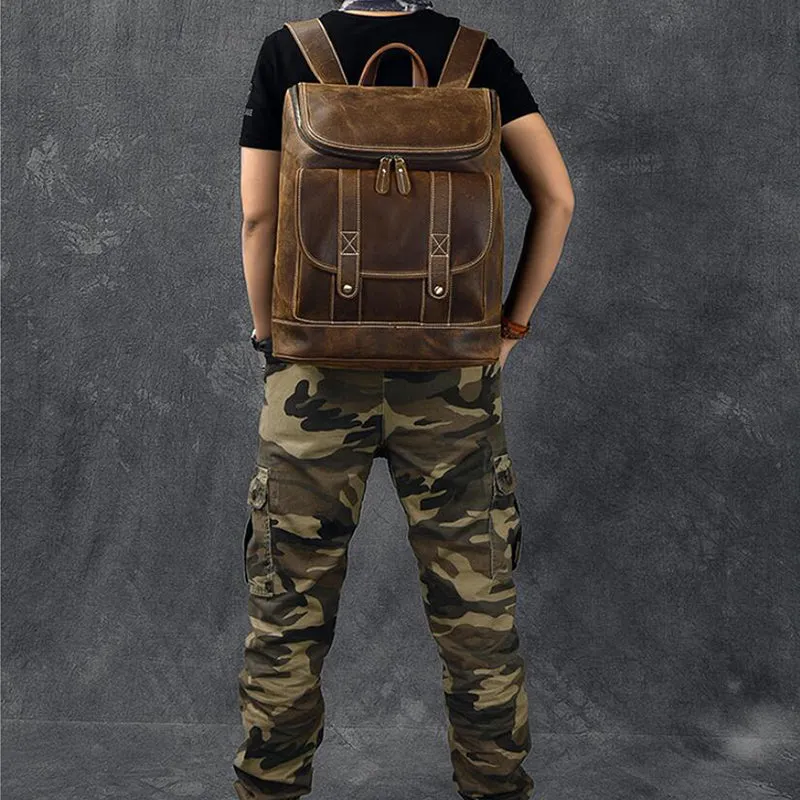 Large Capacity Travel Backpack Crazy Horse Leather Men Backpack Laptop Backpack