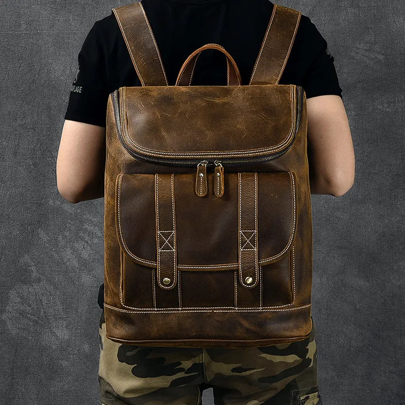 Large Capacity Travel Backpack Crazy Horse Leather Men Backpack Laptop Backpack