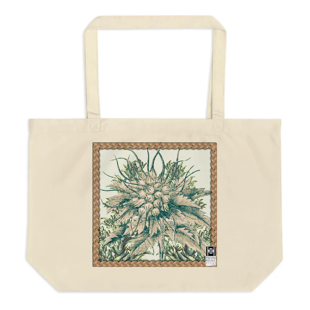 Large tote bag made from organic cotton featuring a vintage illustration of a radish plant