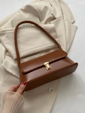Leather Metal Lock Decoration Clamshell Baguette Bag - Brown- FD ⚡