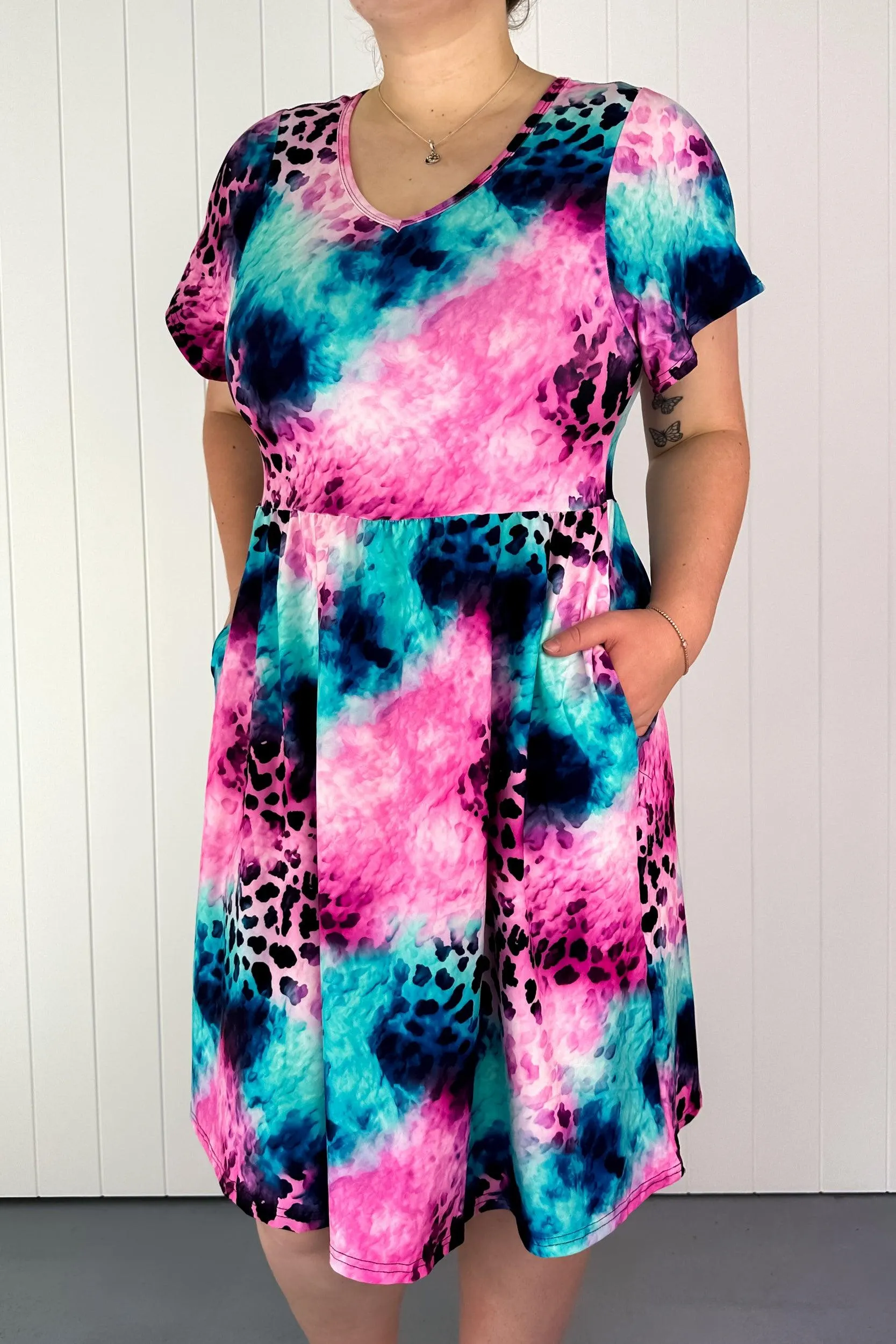 Leopard Ink - Flutter Sleeve Skater Dress - Knee Length - Pockets