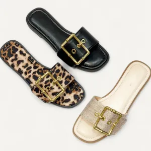 Leopard with Bold Gold Buckle Slip on Sandal
