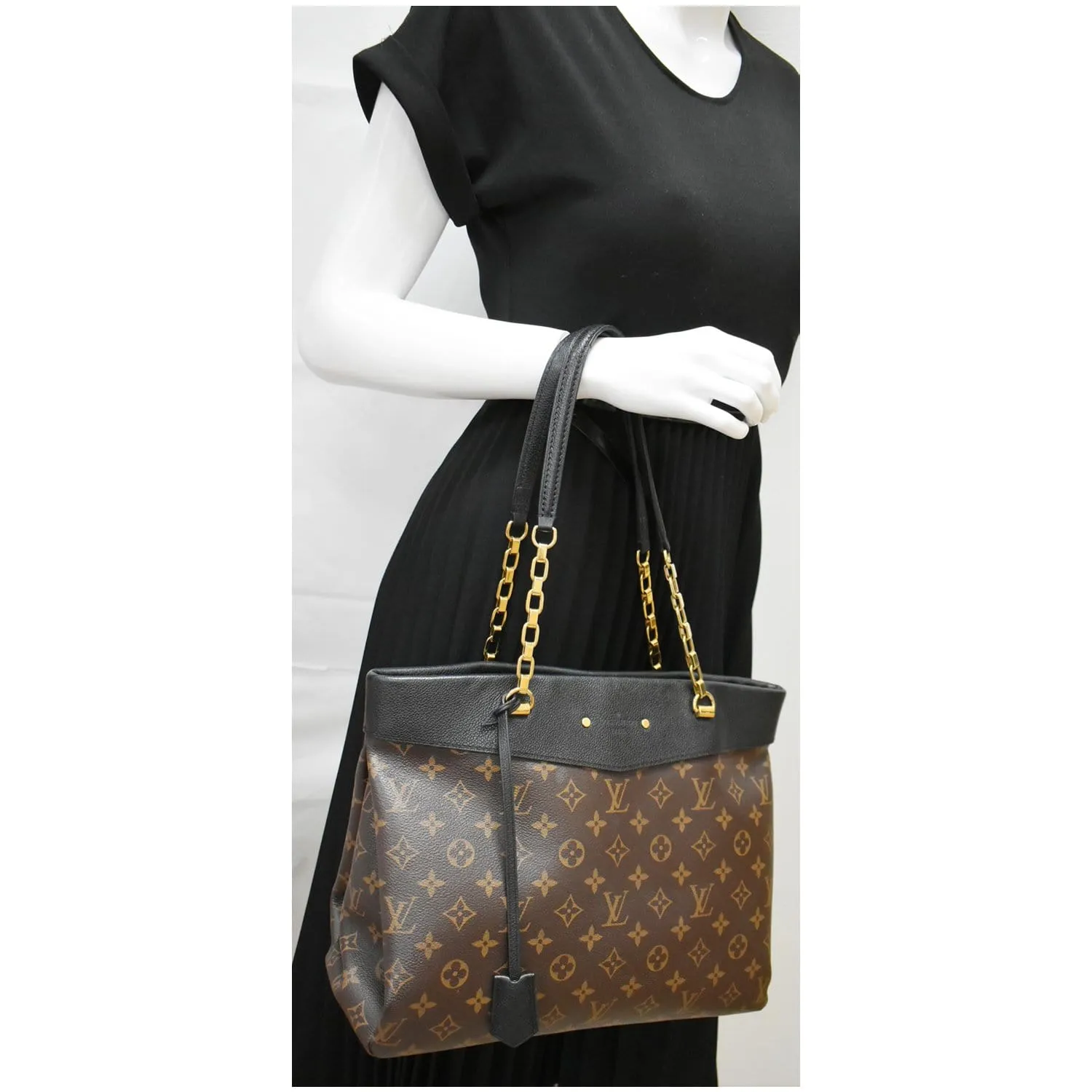 LOUIS VUITTON Pallas Chain Monogram Canvas Shopper Bag Brown