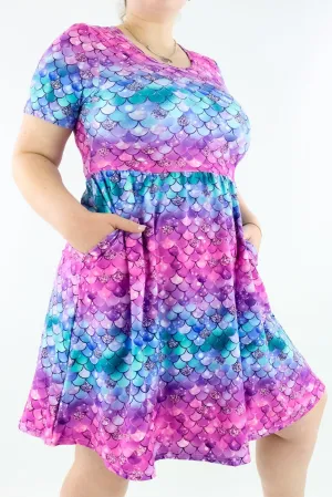 Lush Mermaid - Short Sleeve Skater Dress - Knee Length - Side Pockets