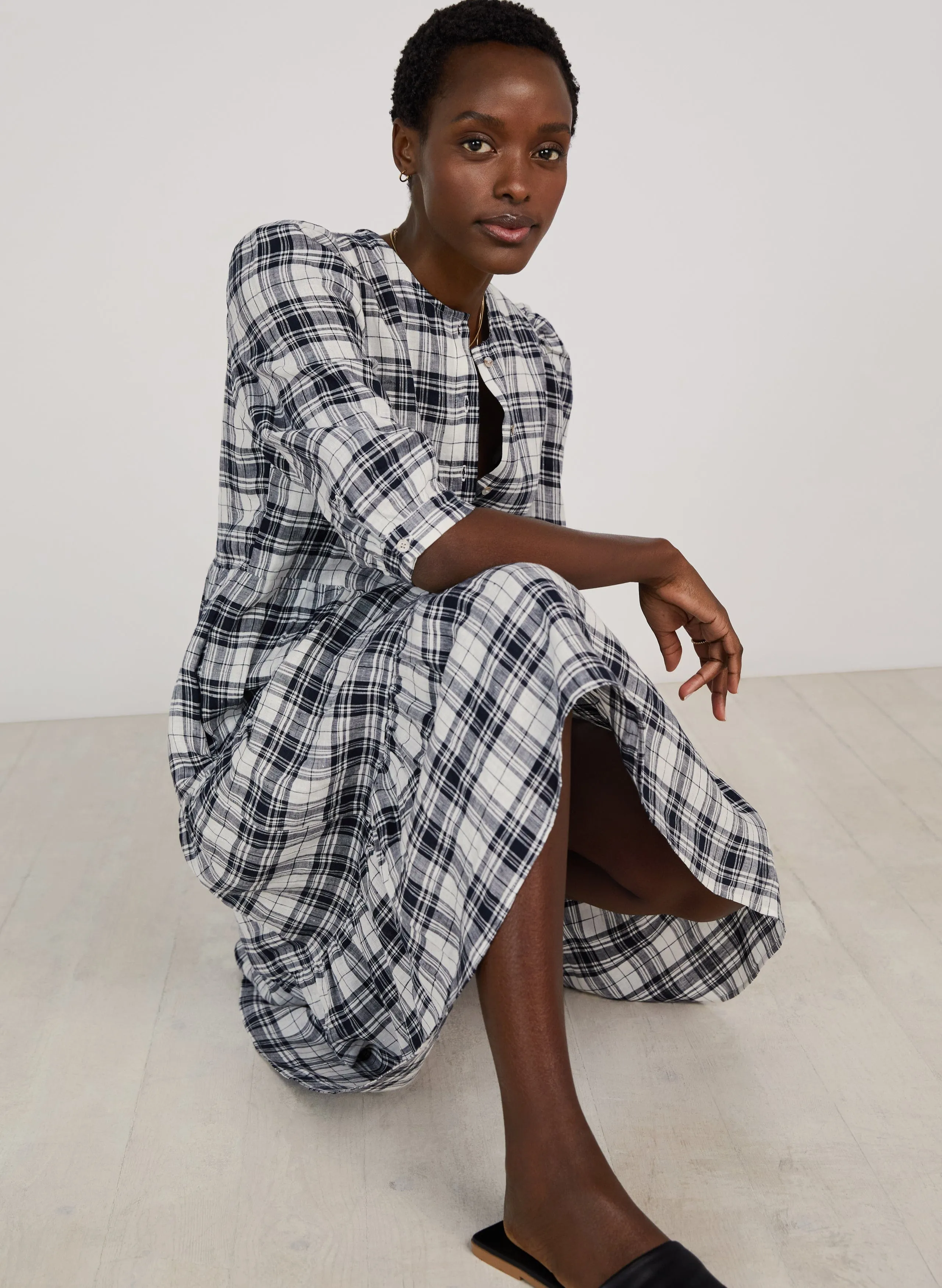Maria Linen Checked Dress | Navy & Soft White