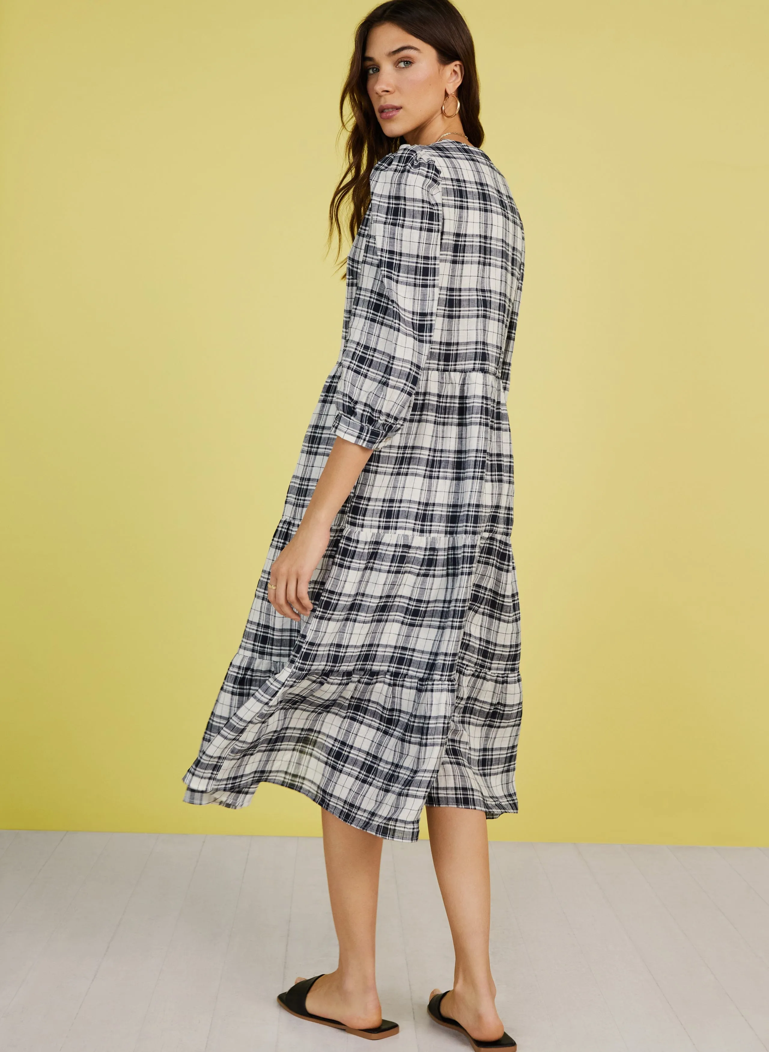 Maria Linen Checked Dress | Navy & Soft White