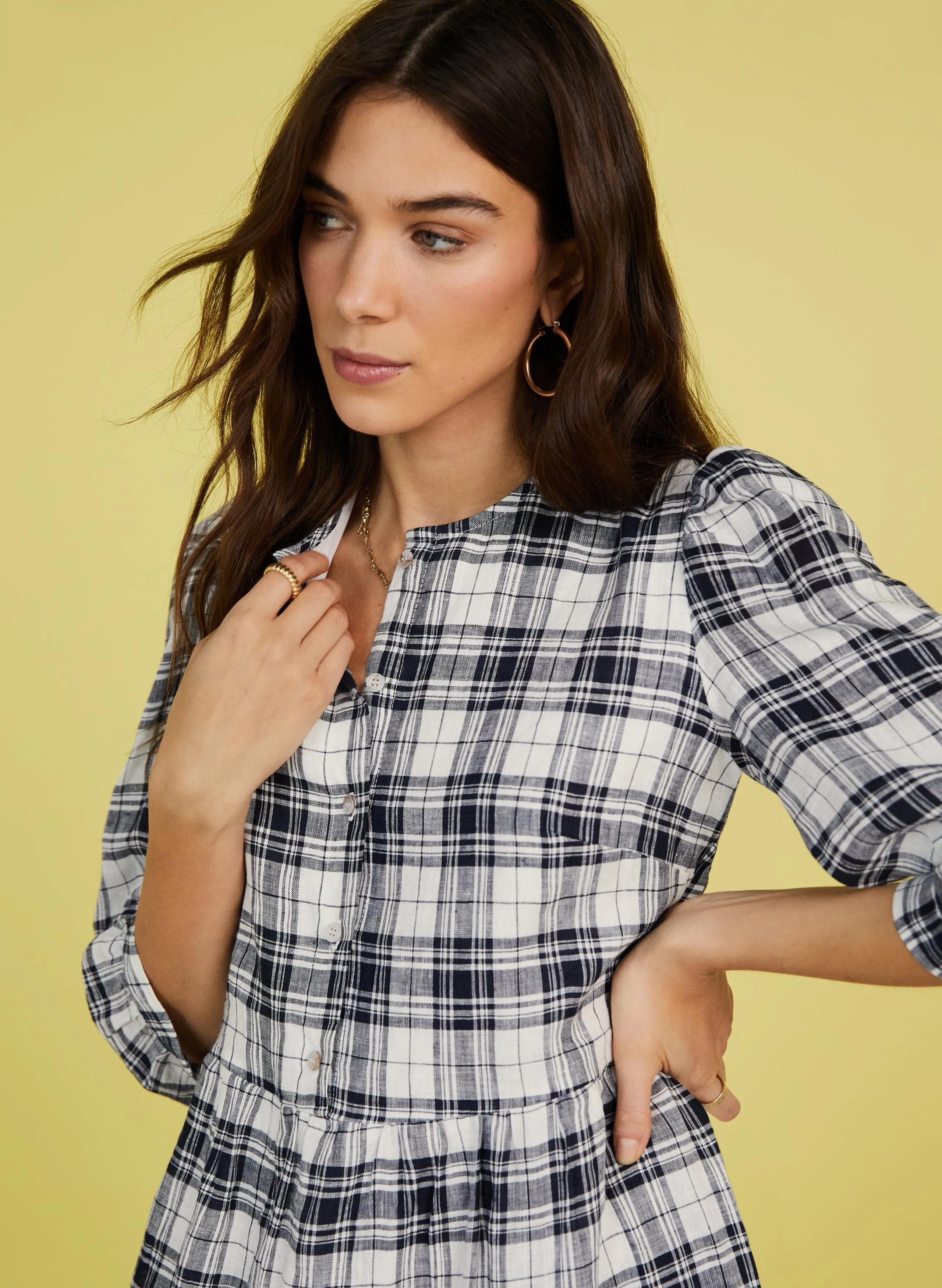 Maria Linen Checked Dress | Navy & Soft White