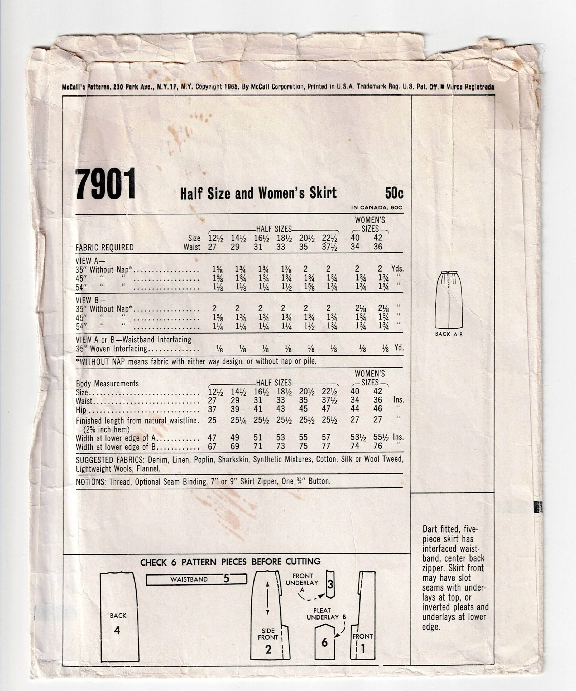 McCall's 7901 Womens Half Size Flared or Pencil Skirt 1960s Vintage Sewing Pattern Waist 29 inches