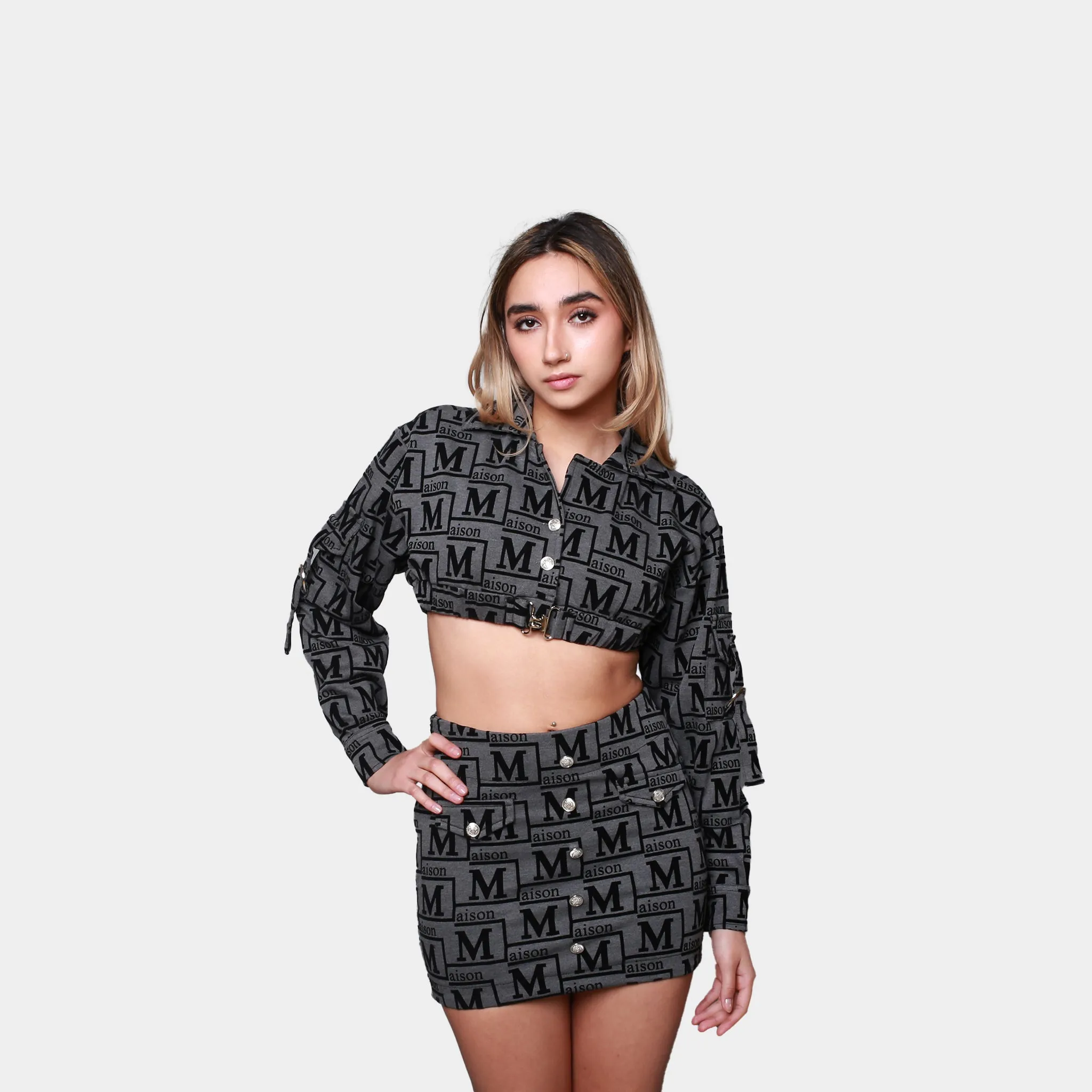 MDB Couture Women's Woven Monogram Crop-Top Jacket & Skirt