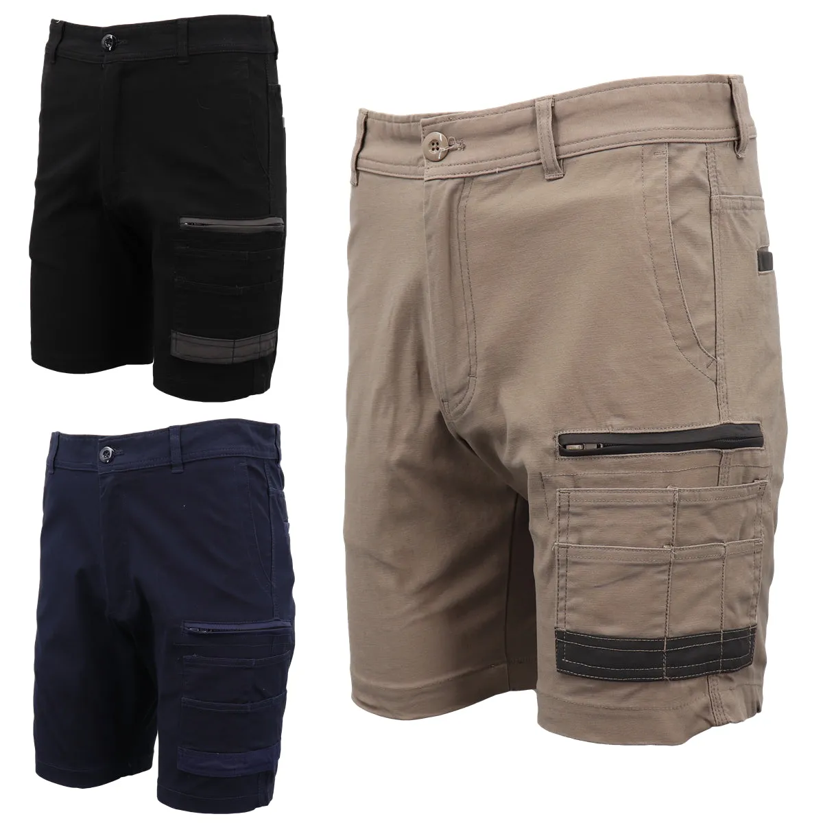 Mens Cargo Cotton Drill Work Shorts UPF 50  13 Pockets Tradies Workwear Trousers, Navy, 38