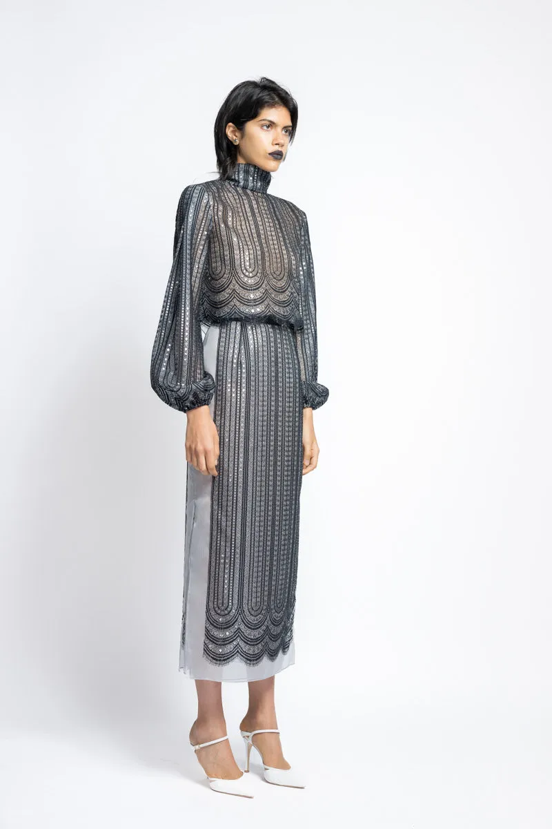 Metallic Nailhead Lace And Organza Pencil Skirt With Side Slits