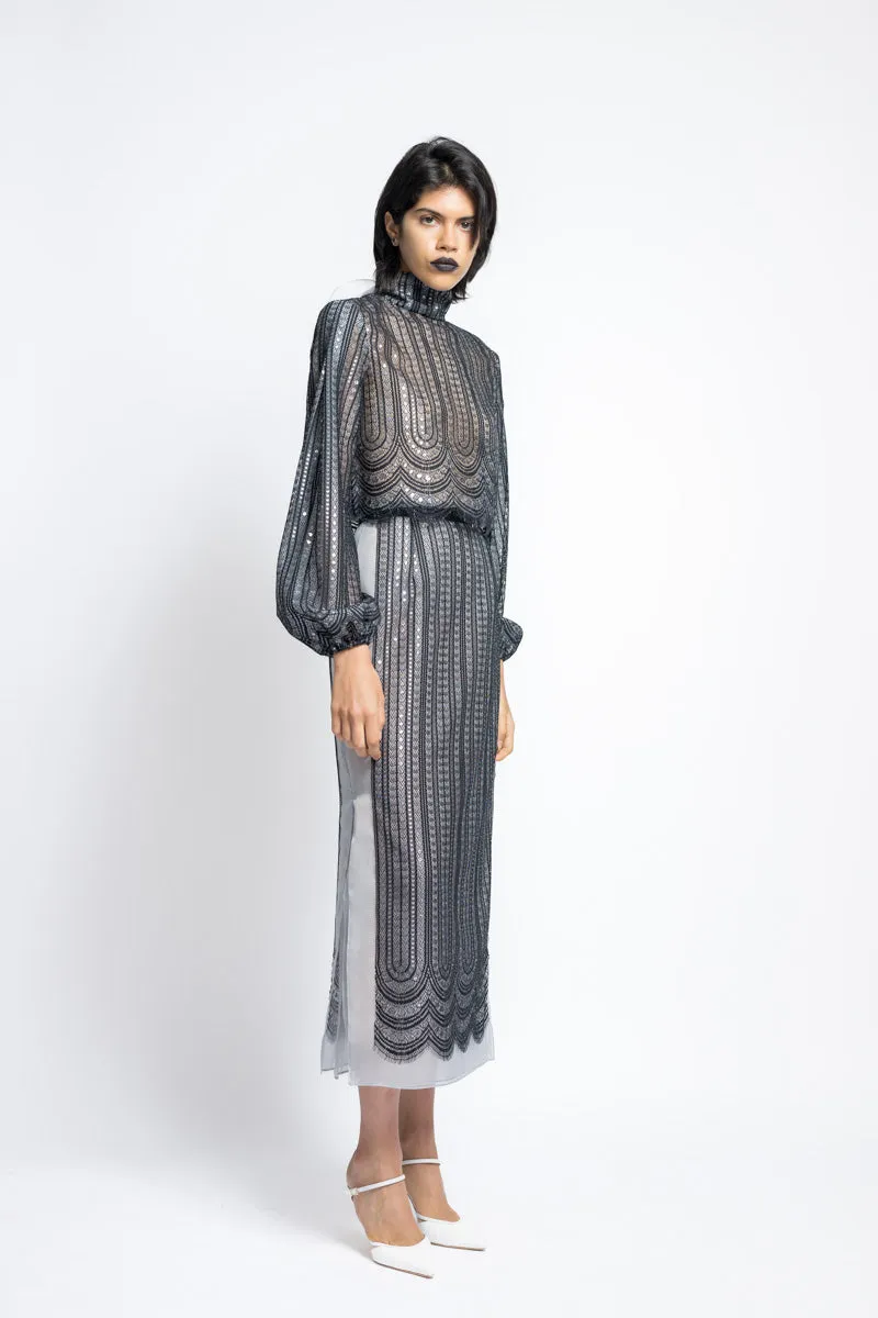Metallic Nailhead Lace And Organza Pencil Skirt With Side Slits