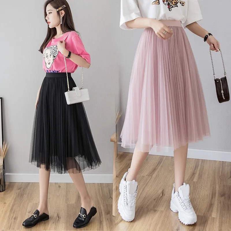 Midi Pleated Skirt Black Pink Tulle