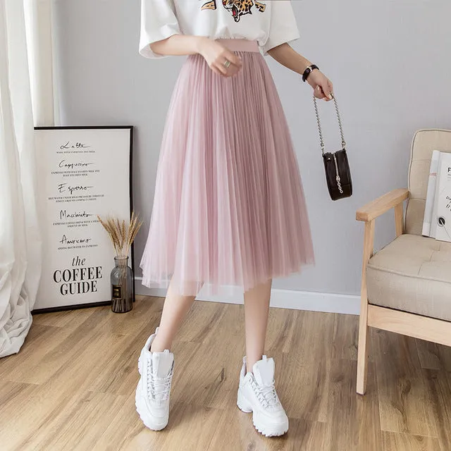 Midi Pleated Skirt Black Pink Tulle