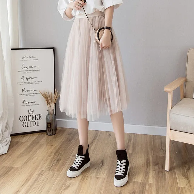 Midi Pleated Skirt Black Pink Tulle