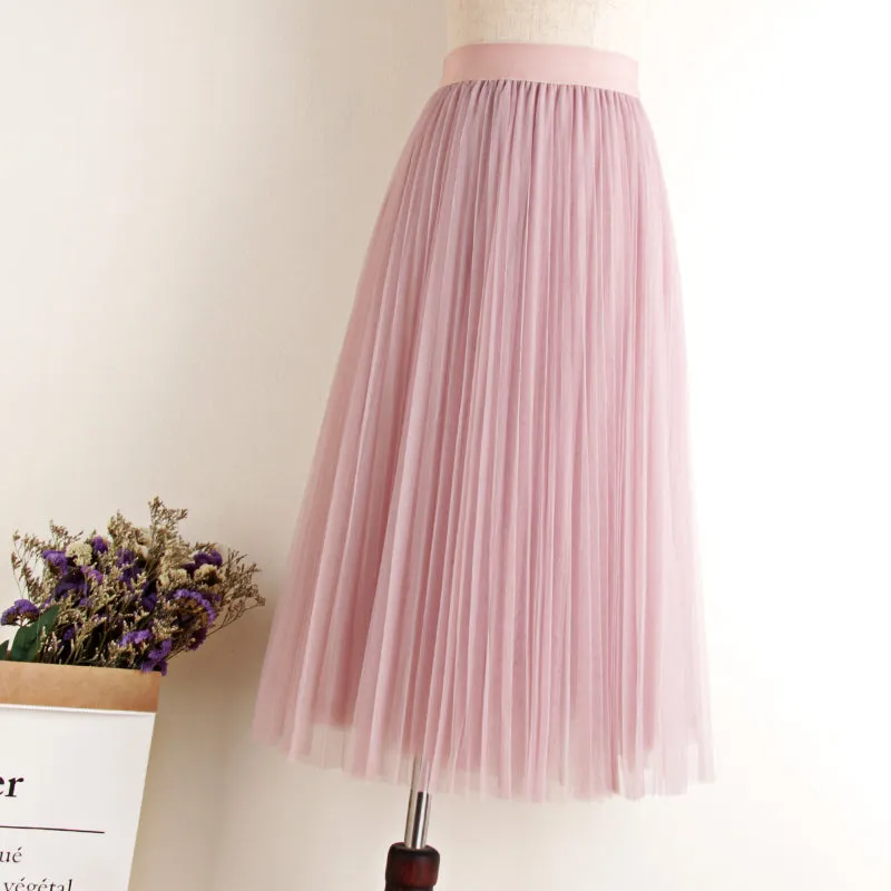 Midi Pleated Skirt Black Pink Tulle