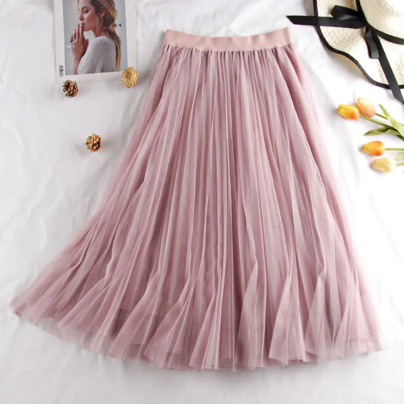 Midi Pleated Skirt Black Pink Tulle